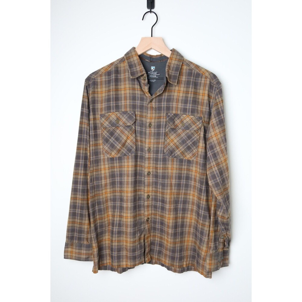 Kuhl Dillingr Flannel Shirt Men’s Medium Brown Grey Chest Pockets Long Sleeve